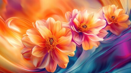 Obraz premium Vibrant flowers in an abstract design, with a dynamic futuristic backdrop, symbolizing beauty and meaning in human life