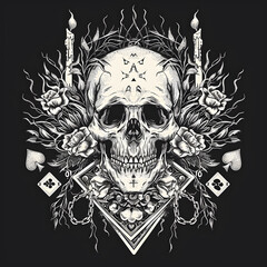 Obraz premium Skull and Playing Cards chain and candles black and white illustration