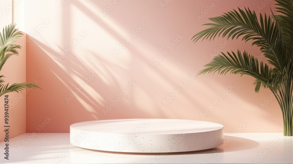 Poster 3d render of minimal product display podium with palm leaves and shadows
