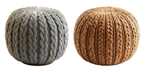 PNG Stylish knitted poufs in gray and tan, perfect for home decor, adding texture and comfort to any living space.