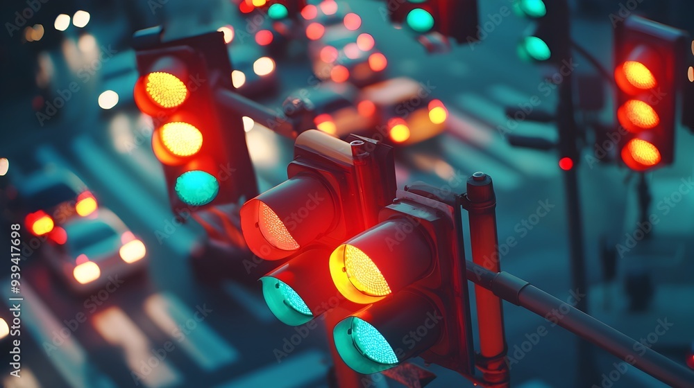 Aufkleber synchronized traffic lights at busy intersection symbolize order in chaos