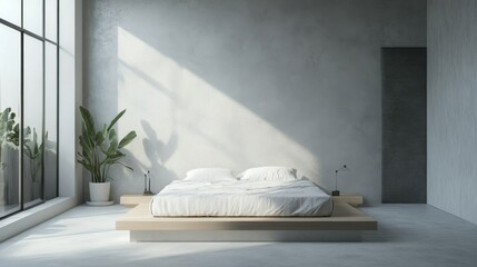 Detailed view of a minimalist bedroom with a platform bed, minimal accessories, and a serene atmosphere