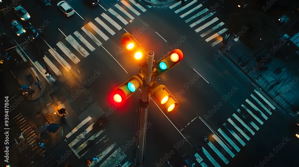 Aufkleber synchronized traffic lights at a busy intersection symbolizing orderly flow