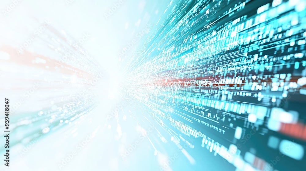 Poster vibrant sign of a computer processing data, set against a dynamic white-light blue background, symbo