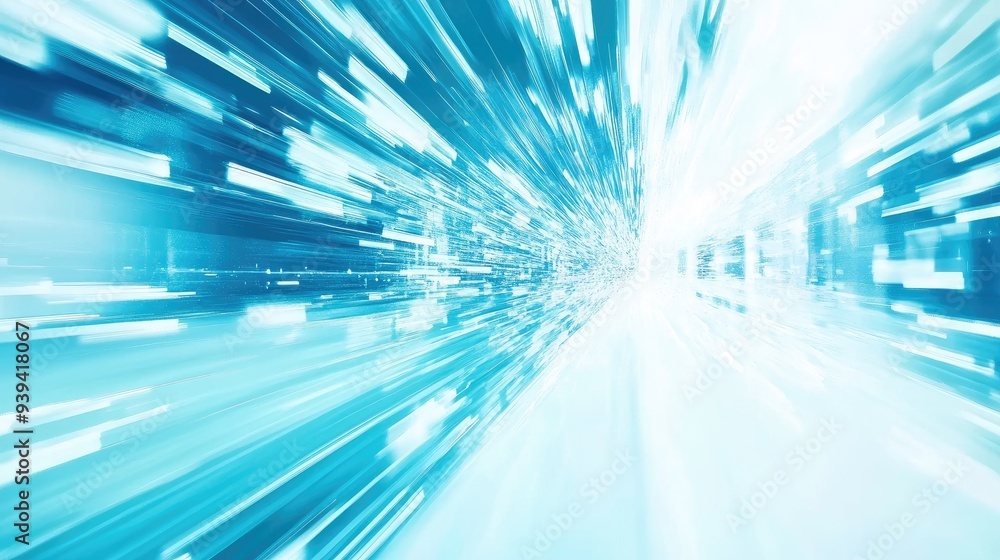 Poster vibrant sign of a computer processing data, set against a dynamic white-light blue background, symbo