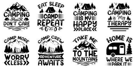 Fototapeta premium Creative Camping Labels And Badges, Hand Lettering Set Vector Illustration for Newsletter, T-Shirt Design, Presentation