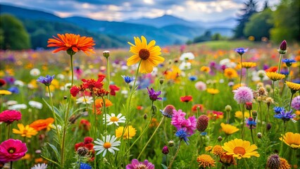 Obraz premium Vibrant spring wildflowers blooming in a lush meadow, showcasing fresh natural beauty and colorful flora
