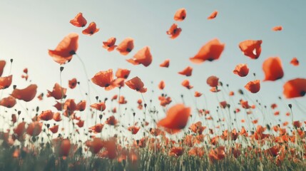Obraz premium Detailed view of a poppy field with vibrant red flowers swaying in the wind, against a clear sky