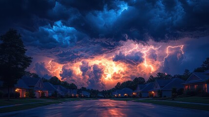 Fototapeta premium intense lightning storm illuminating the night sky above a suburban neighborhood dramatic contrast between dark houses and bright flashes