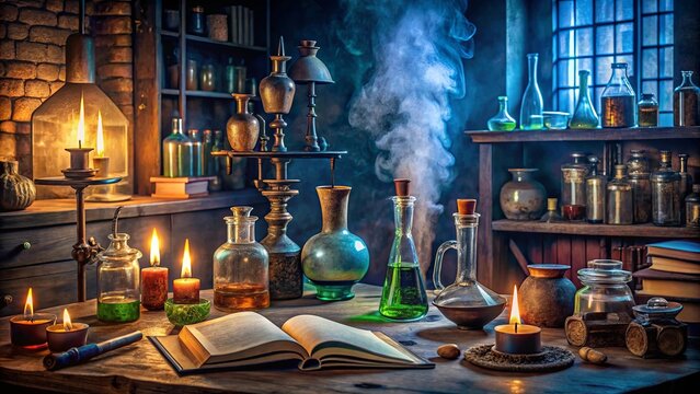 Mystical alchemist's workshop with ancient books, potions, and magical tools