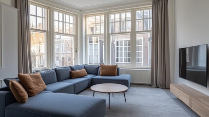 Modern living room with a blue sectional sofa, a coffee table, a flat screen TV, and large windows overlooking a city.