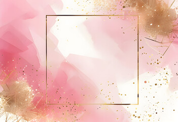A soft pink watercolor background with a geometric gold frame and gold glitter accents.