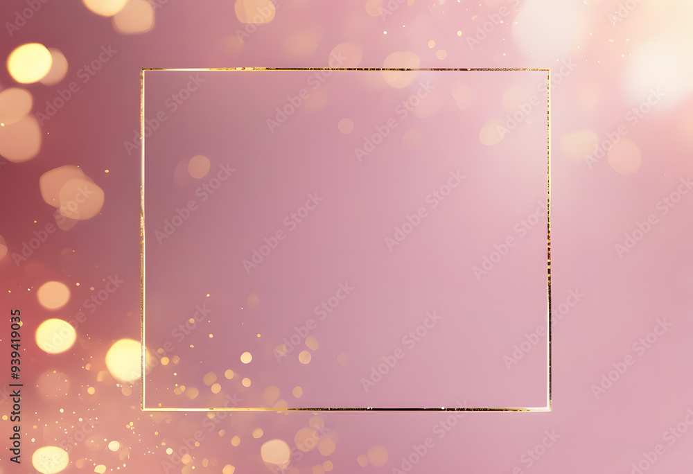 Poster soft pink background with bokeh lights and glitter. framed with delicate square with gold edges.
