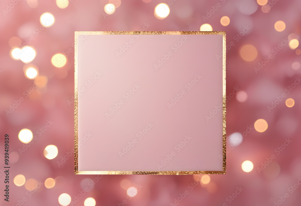 Poster soft pink background with bokeh lights and glitter. framed with delicate square with gold edges.