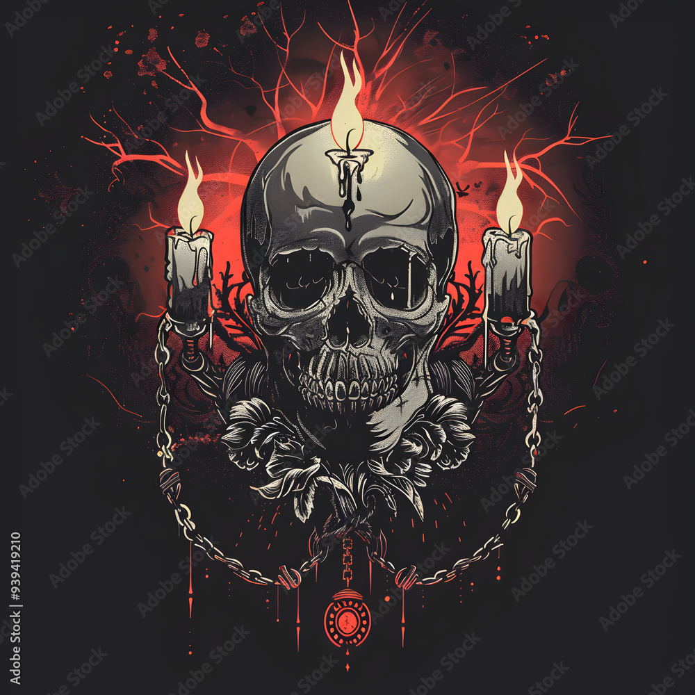 Wall mural skull and sacred heart chain and candles black and white illustration