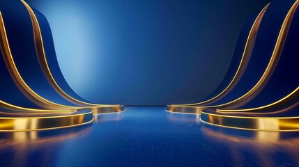Empty blue stage background with gold curve line elements with light neon effects decoration and bokeh. Luxury scene design concept.