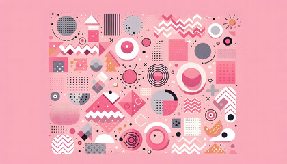 A playful pink background with geometric shapes, including circles, squares, and zigzags