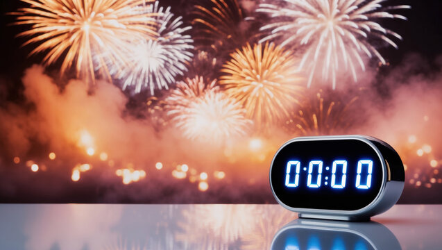 Digital clock showing midnight with fireworks exploding in background