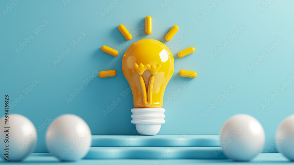 Poster a vibrant yellow light bulb with rays is positioned in front of a soft blue backdrop. white spheres 