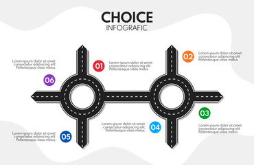 road line with ring crossroad and 6 different exits, vector infographics template