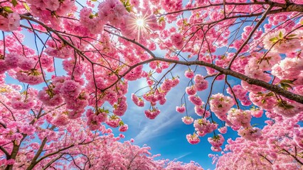 Cherry blossoms in full bloom on a sunny spring day, creating a pink floral canopy