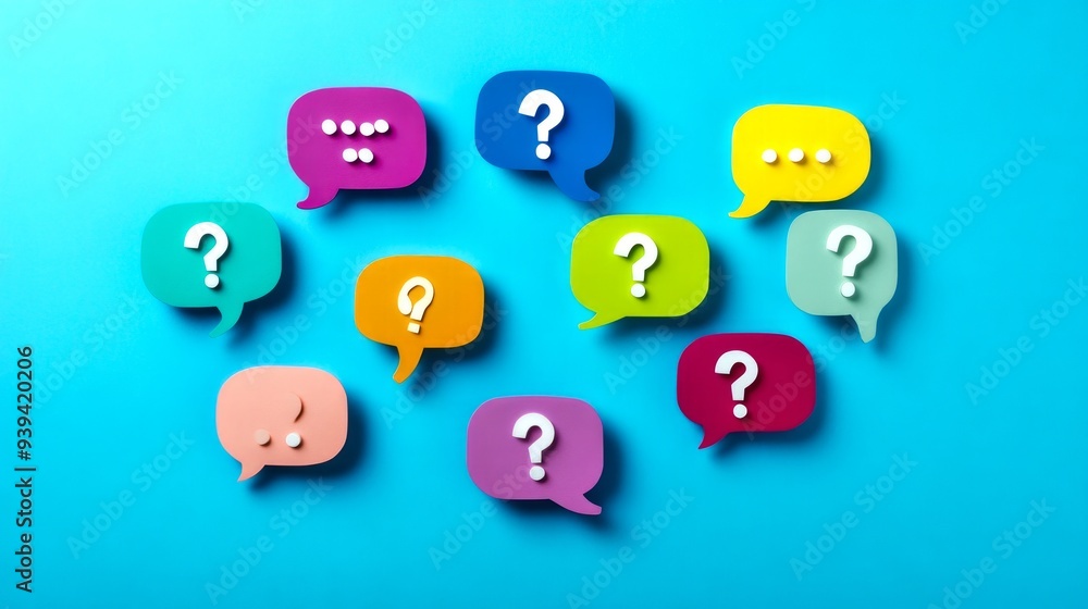 Poster colorful question mark speech bubbles on a bright blue background create a playful and engaging atmo