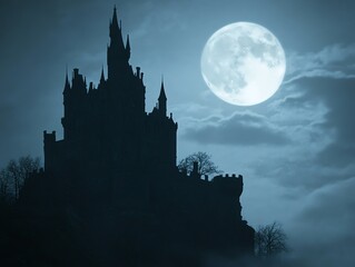 A dark silhouette of a mysterious castle under a full moon, creating an eerie and enchanting atmosphere.