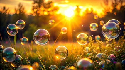 Naklejka premium Magical soap bubbles glowing under the setting sun creating sparkling bokeh effect in enchanting nature photography
