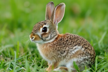 Fototapeta premium Cotton Tail Rabbit. Closeup of Cute Eastern Cottontail Rabbit in Wildlife Habitat