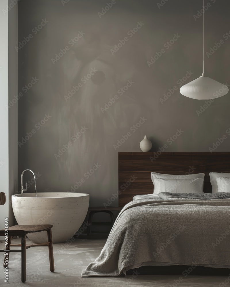 Poster A stylish bedroom interior with minimalistic decor, wooden elements and dark beige tones, creating a soothing and cozy atmosphere.