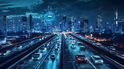 Obraz premium Futuristic Smart City with Self-Driving Cars and Clean Energy Infrastructure