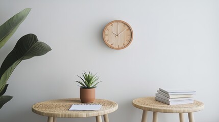 Elevate Your Space: A Minimalist Office Nook Featuring Woven Round Tables, Stylish Decor, and Warm Lighting - Perfect for a Sporty Interior Poster or Inspiring Workspace Inspiration!