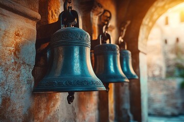 Fototapeta premium Carol Of The Bells. Ancient Cloister with Solemn Metal Bells in Morning Light