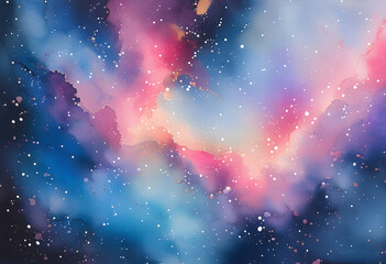 Abstract watercolor paintings in shades of pink, purple and blue evoke the universe or the night sky