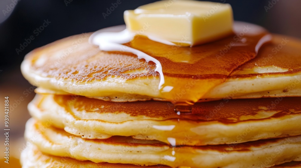 Poster Detailed view of a stack of fluffy American pancakes with maple syrup and butter