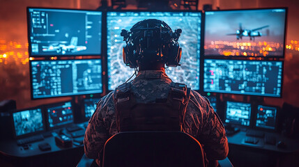Obraz premium Skyward Command: Drone Operator Monitoring Battlefield UAVs with Live Footage Screens