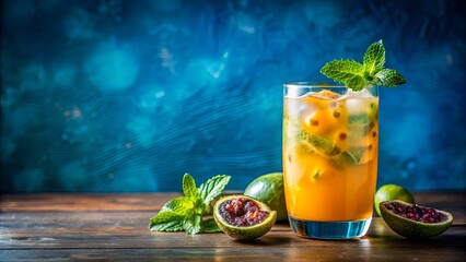 Fototapeta premium Passion fruit cocktail with mint garnish on blue background