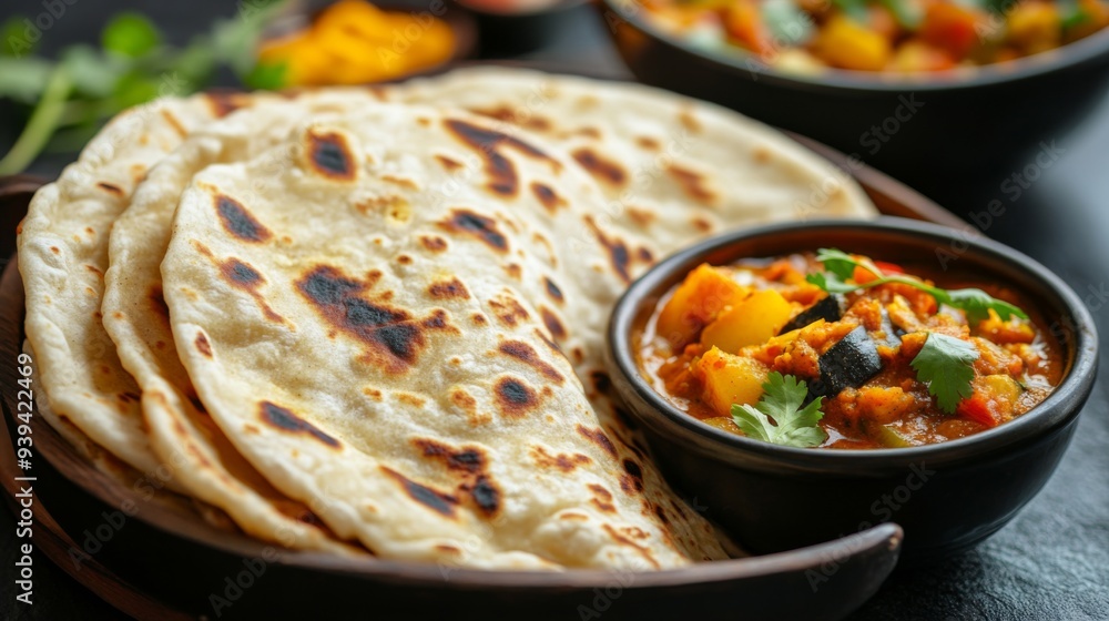 Poster Detailed view of a soft, pliable roti with a slightly toasted surface, served with a bowl of spicy vegetable curry