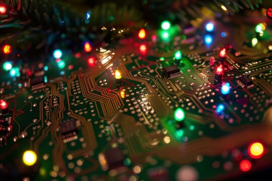 Christmas lights are shining on a computer motherboard, creating a festive atmosphere for the holidays