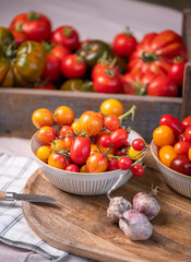 Auswahl verschiedener Tomaten in der Küche, viele Sorten Tomaten, frisches Gemüse zubereiten