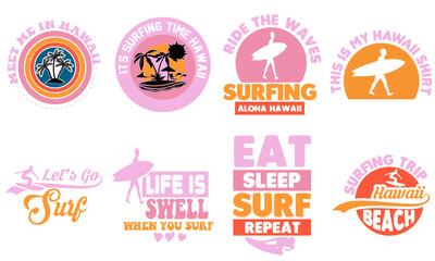 Decorative Surfing Hawaii Retro Trendy Retro Style Illustration, Invitation Bundle Vector Illustration for Logo, Wrapping Paper, Newsletter