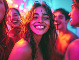 A woman with long hair is smiling and surrounded by friends