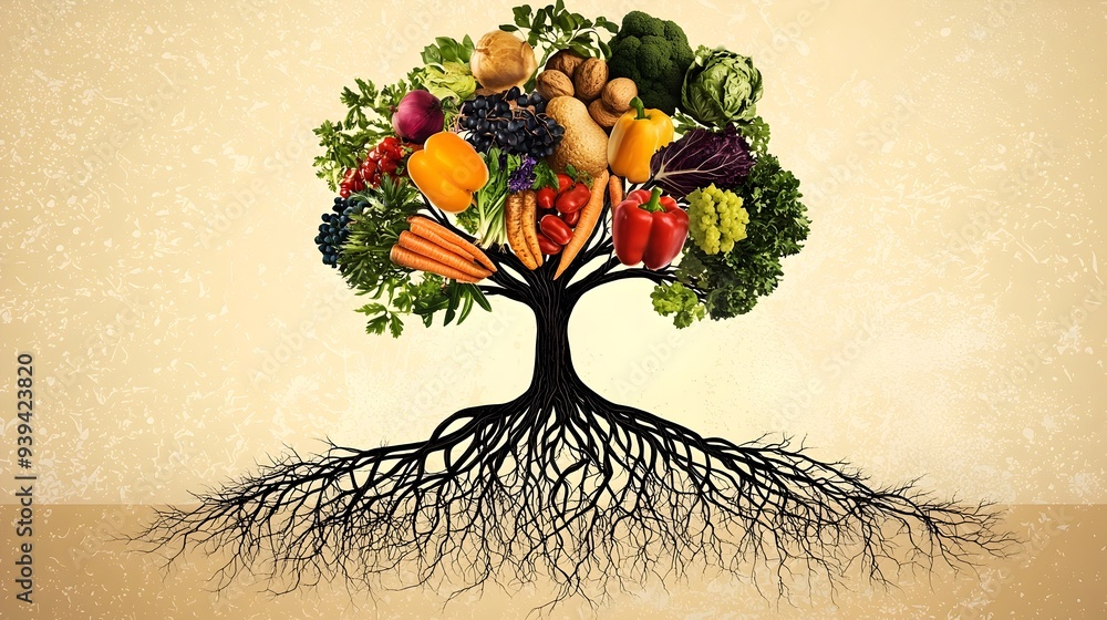 Poster tree roots extending into food categories,representing interconnected food systems