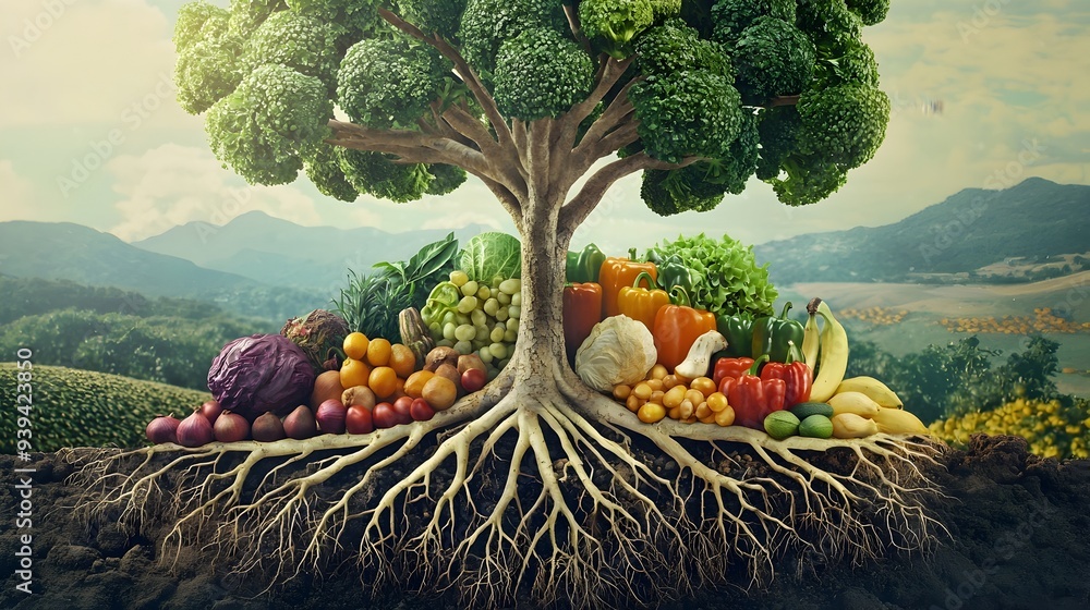 Poster interconnected tree roots representing global food systems