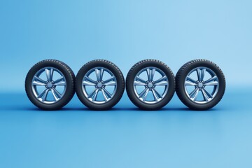 Car In All Seasons. 3D Illustration of Tires and Rims for Winter on Blue Background