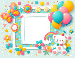 A cheerful baby-themed photo frame template with colorful polka dots, balloons, and a butterfly