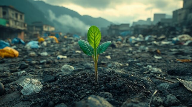 Small plant growing amidst garbage and pollution symbolizing hope and resilience in environmental recovery