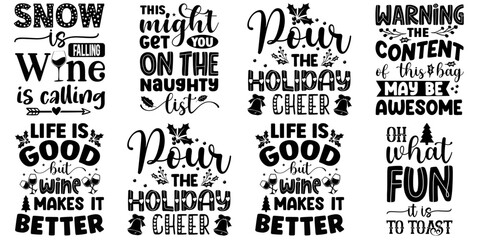 Minimal Christmas Wine Typographic Emblems, Inscriptions Bundle Vector Illustration for Newsletter, Bookmark, T-Shirt Design