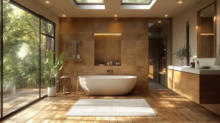 Fototapeta premium luxurious modern bathroom earthy tones skylights freestanding tub
