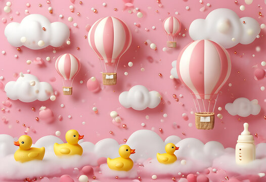 Baby theme background with hot air balloon, baby bottle, rubber duck and clouds on pink background